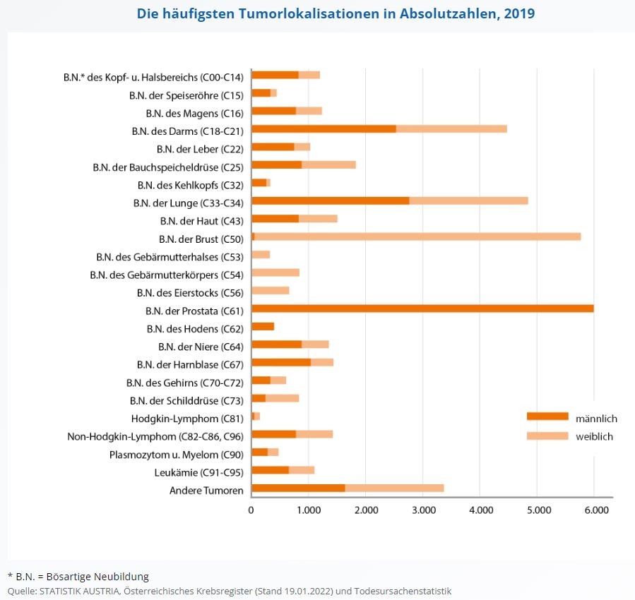Quelle: STATISTIK AUSTRIA, Österreichisches Krebsregister (Stand 19.01.2022) und Todesursachenstatistik