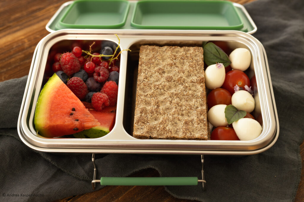 Box mit zwei Fächern, Silikondeckel mit Abtrennung, Lekkabox