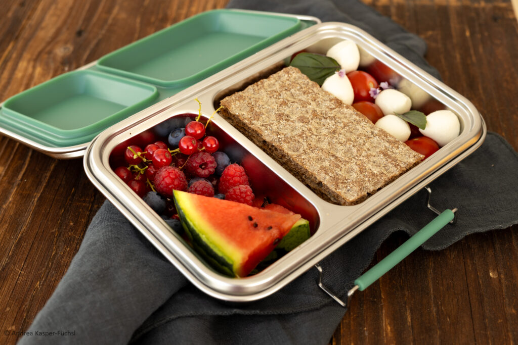 Box mit zwei Fächern, Silikondeckel mit Abtrennung, Lekkabox