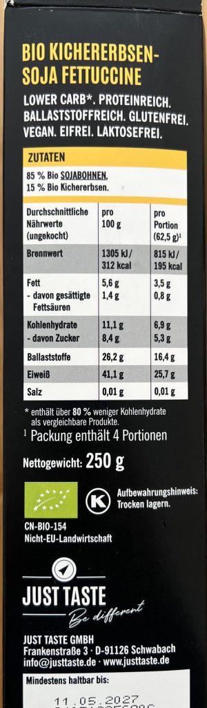 Nährwerte-Kichererbsen-Fettuccine Nährwerte Just Taste, Kichererbsen-Pasta